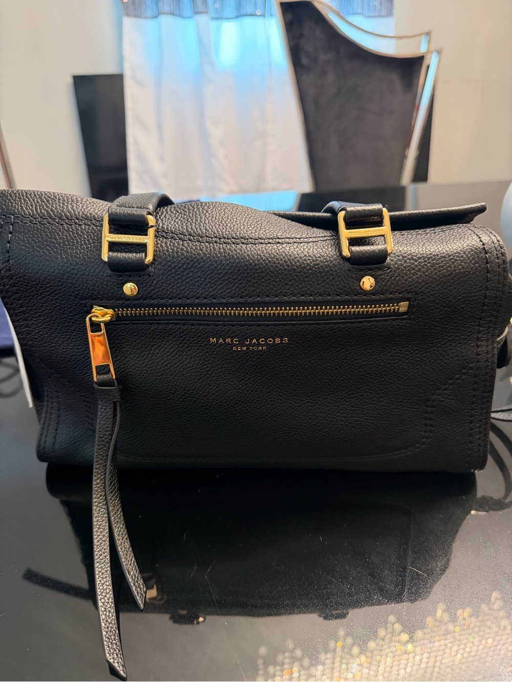 Marc Jacobs Black Pebbled Leather Satchel with Gold Hardware